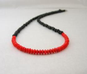 Passion Beaded Necklace, Black Red Necklace, Semi precious stones volcanic lava and coral beads