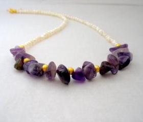 Purple Pearl Necklace,Bridal Necklace,Ivory Beaded Necklace,Wedding Jewelry, Semi Precious stone Jewelry,Amethyst Pearl Necklace