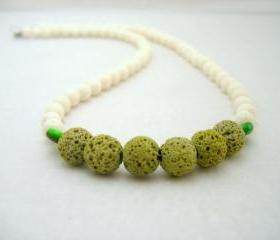 White Coral Necklace,White Green Beaded Necklace,Beaded Jewelry,Volcanic Lava Jewelry, Summer Fashion,Minimal,Under 50 40 30